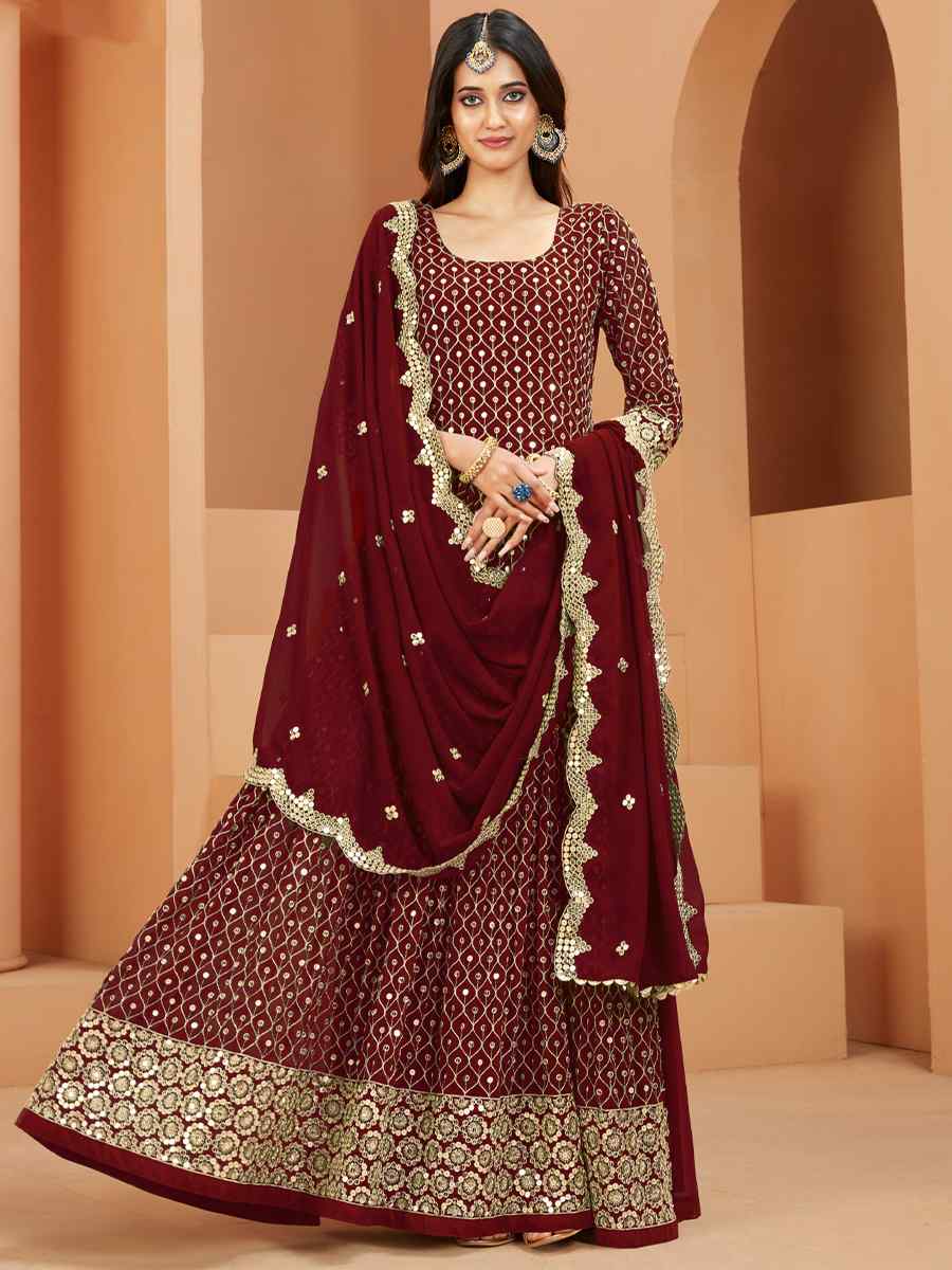 Maroon Faux Georgette Embroidered Wedding Festival Anarkali Salwar Kameez