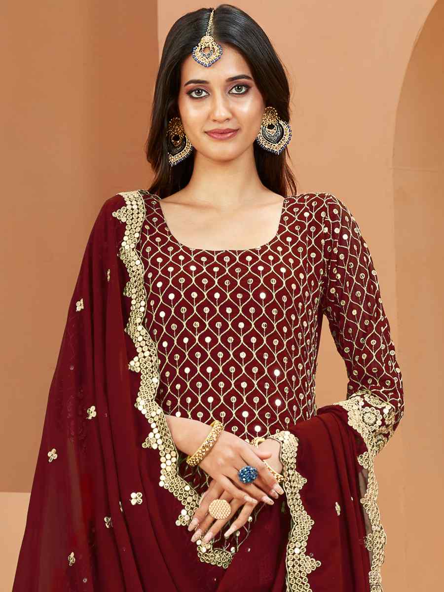 Maroon Faux Georgette Embroidered Wedding Festival Anarkali Salwar Kameez