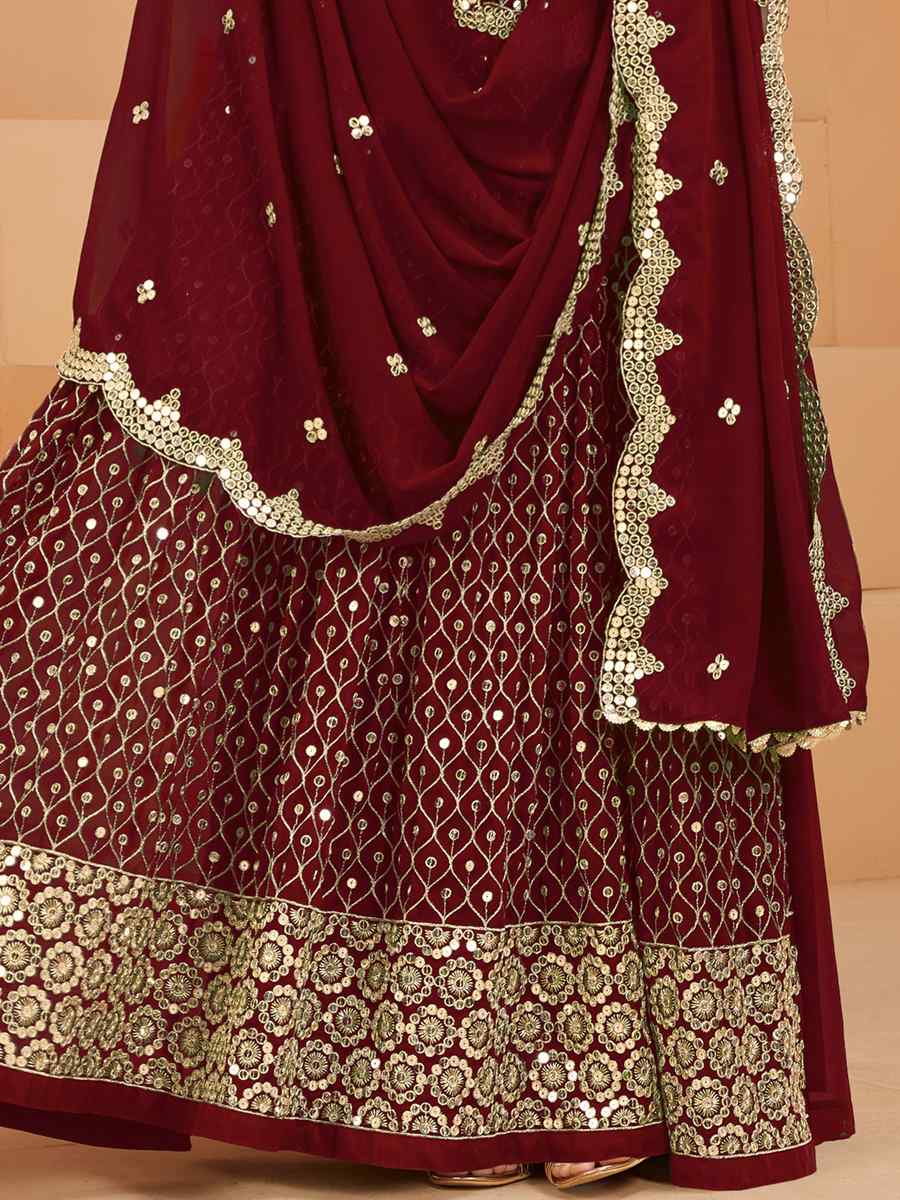 Maroon Faux Georgette Embroidered Wedding Festival Anarkali Salwar Kameez