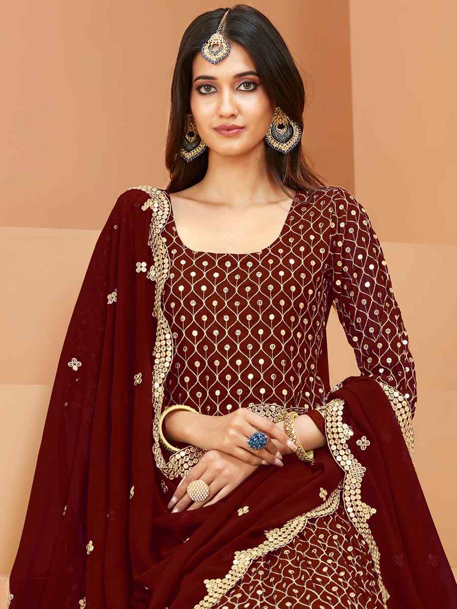 Maroon Faux Georgette Embroidered Wedding Festival Anarkali Salwar Kameez