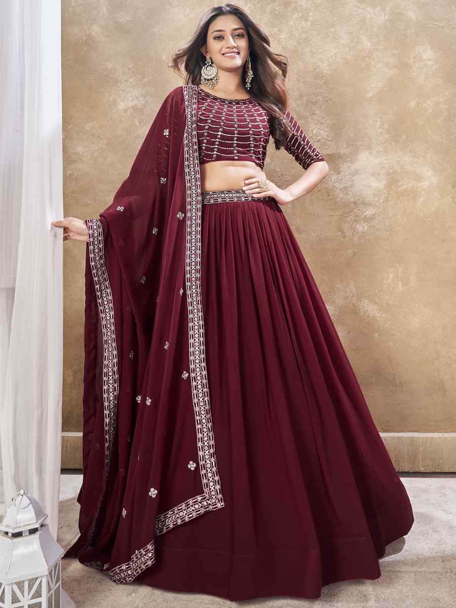 Maroon Faux Georgette Embroidery Reception Party Wear Heavy Border Lehenga Choli