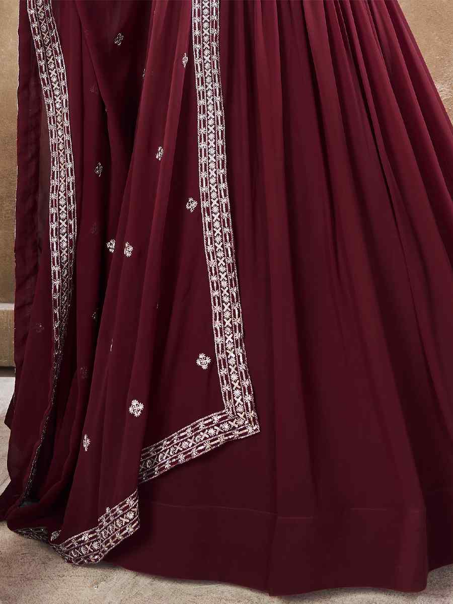 Maroon Faux Georgette Embroidery Reception Party Wear Heavy Border Lehenga Choli