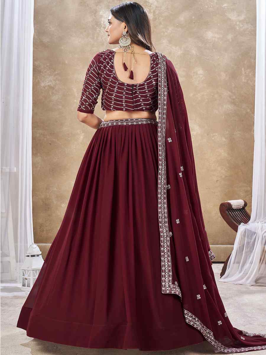 Maroon Faux Georgette Embroidery Reception Party Wear Heavy Border Lehenga Choli