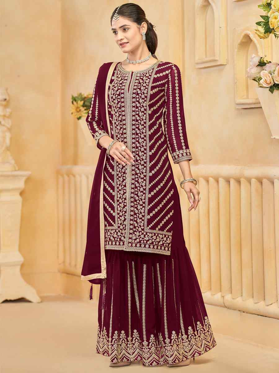 Maroon Faux Georgette Embroidered Casual Festival Palazzo Pant Salwar Kameez