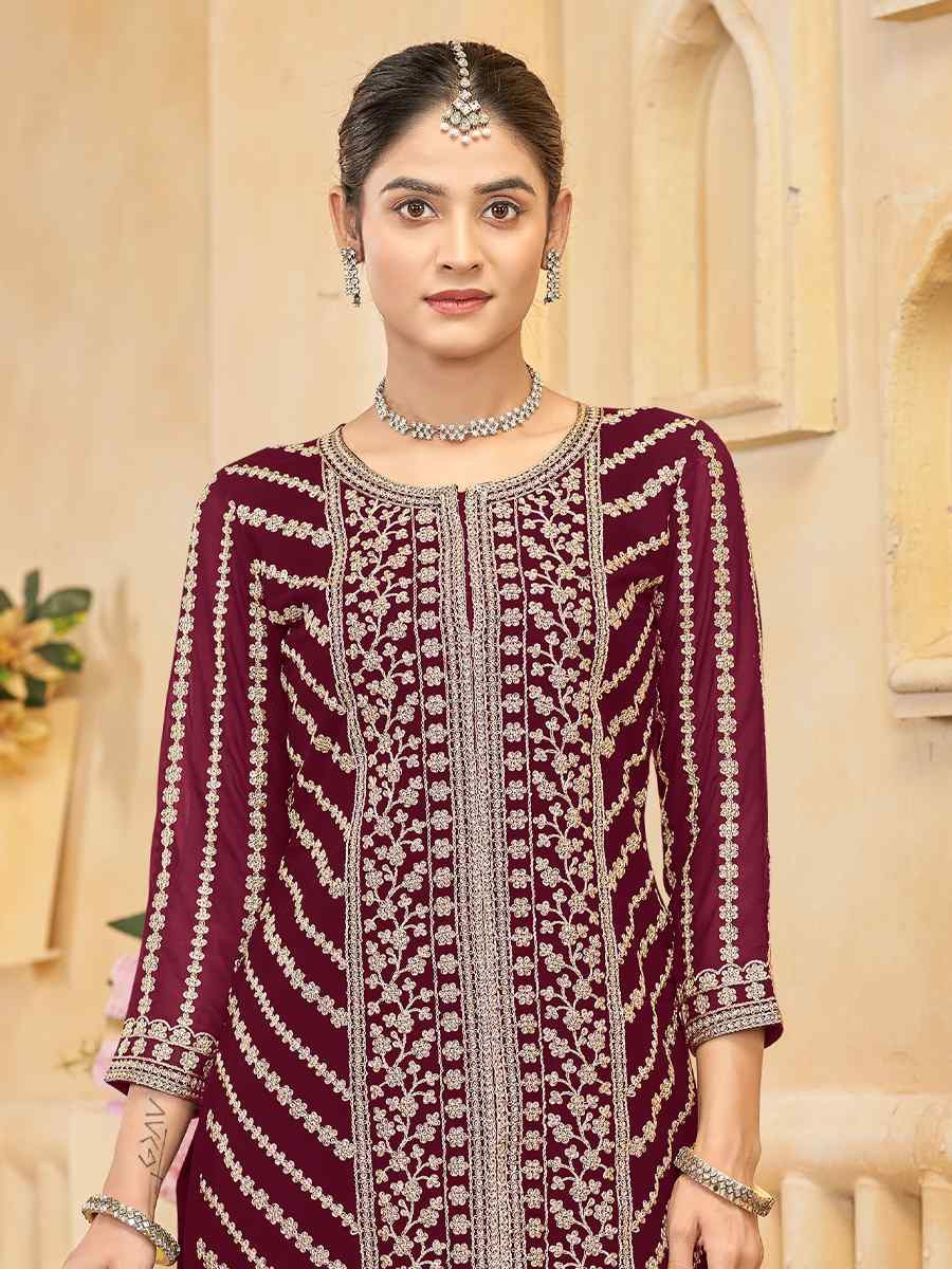 Maroon Faux Georgette Embroidered Casual Festival Palazzo Pant Salwar Kameez