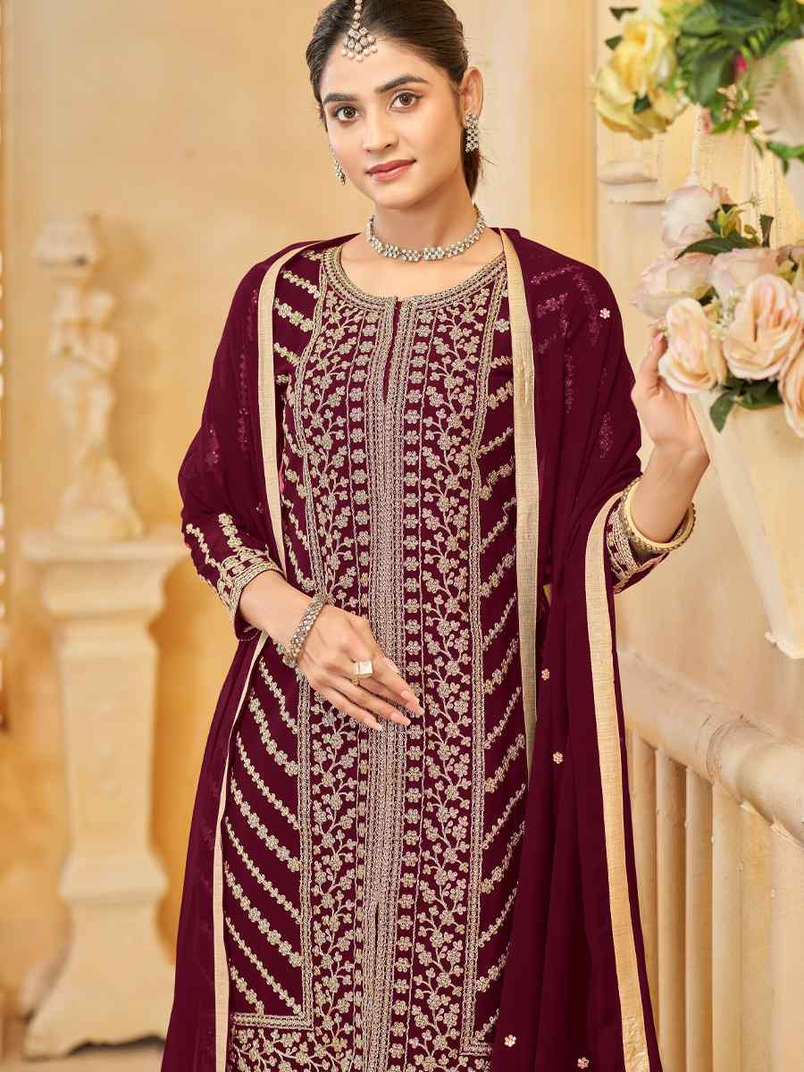 Maroon Faux Georgette Embroidered Casual Festival Palazzo Pant Salwar Kameez