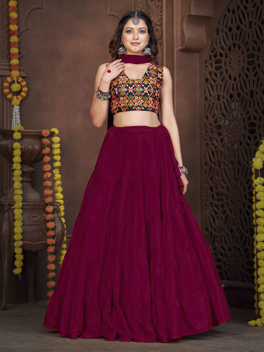 Maroon French Crepe Printed Festival Mehendi Circular Lehenga Choli