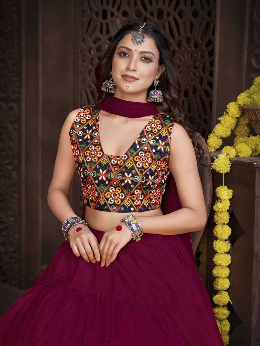 Maroon French Crepe Printed Festival Mehendi Circular Lehenga Choli