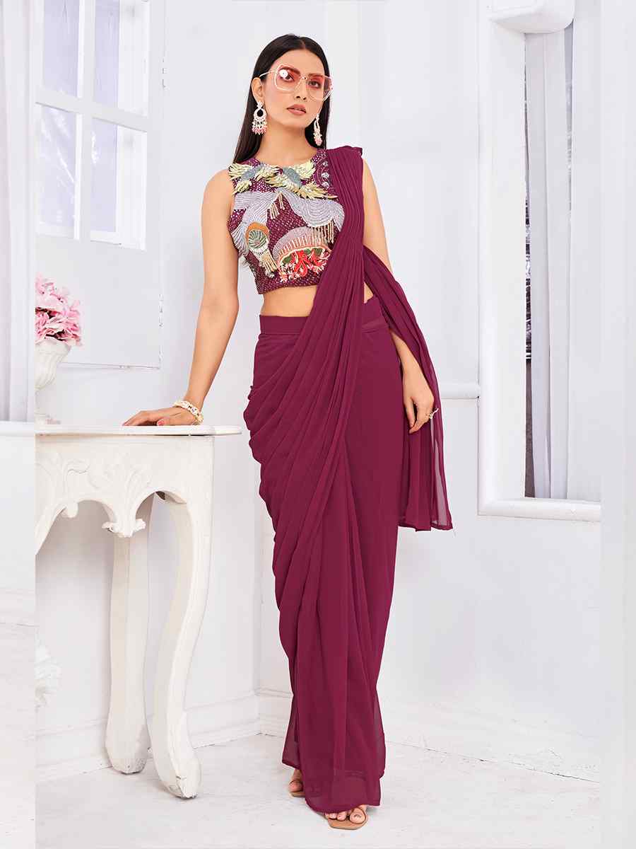 Maroon Georgette Embroidered Festival Casual Classic Style Saree