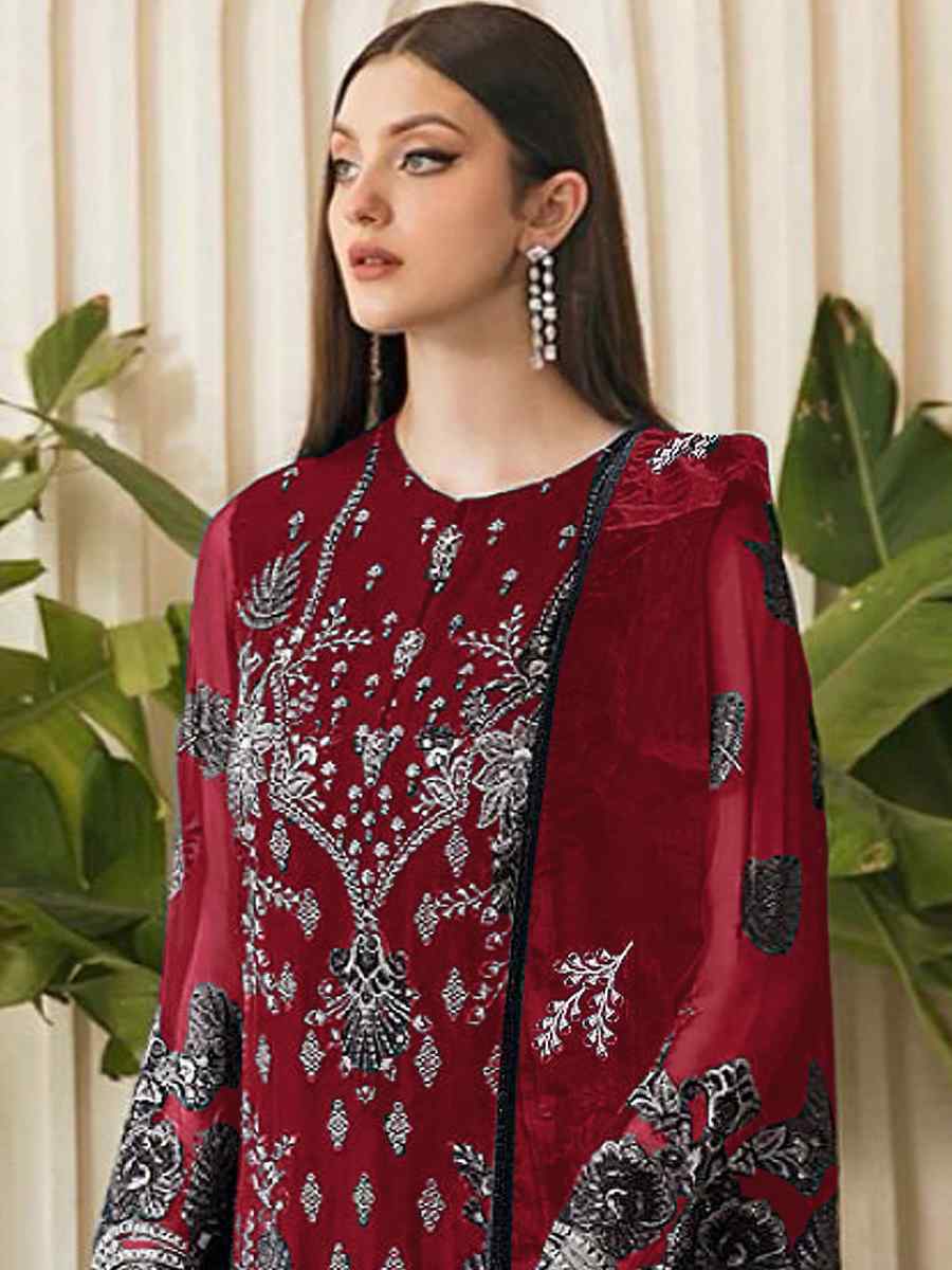 Maroon Georgette Embroidered Festival Casual Palazzo Pant Salwar Kameez