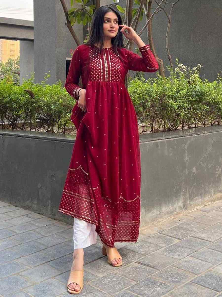 Maroon Georgette Embroidered Festival Casual Ready Pant Salwar Kameez