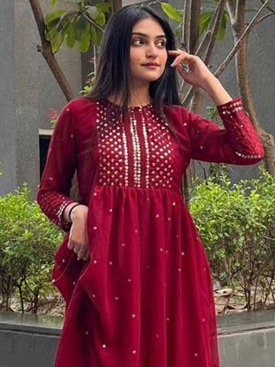 Maroon Georgette Embroidered Festival Casual Ready Pant Salwar Kameez