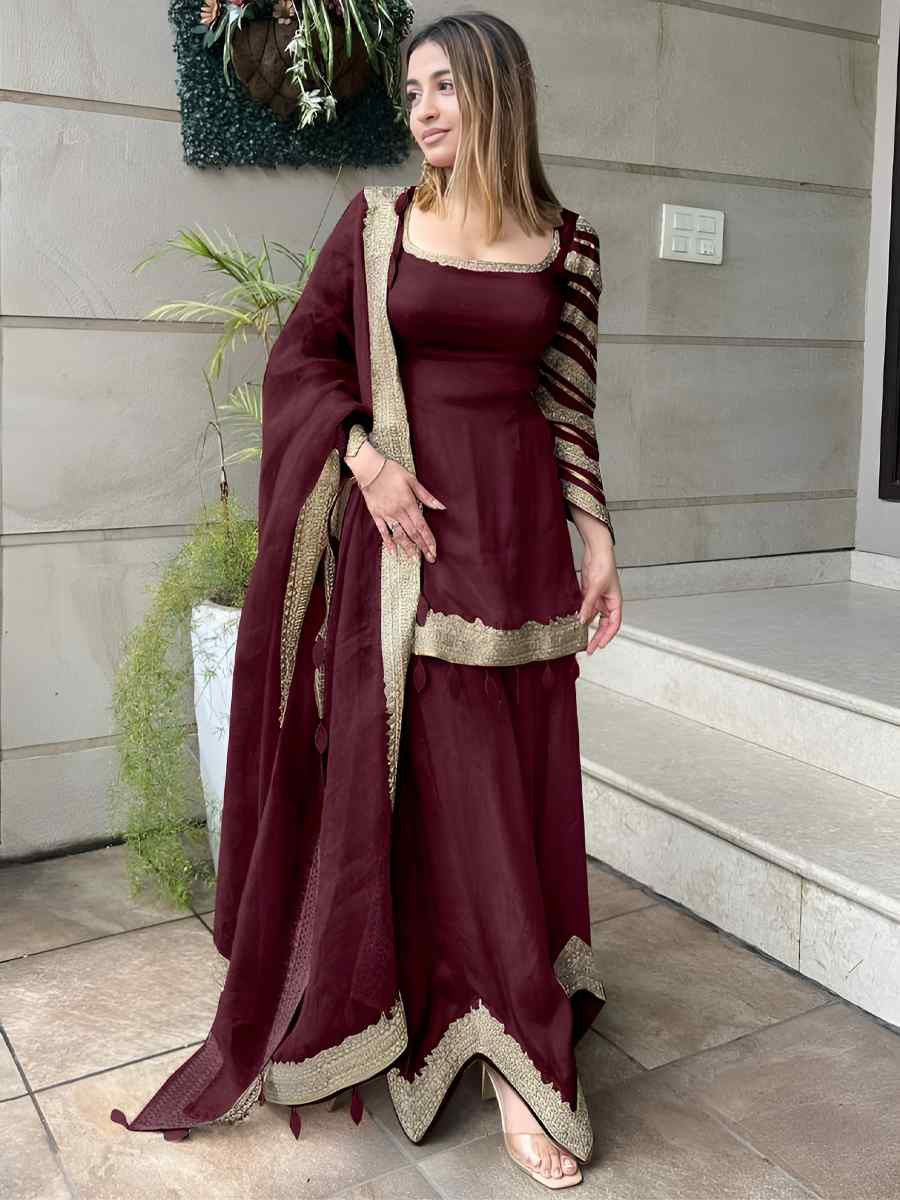 Maroon Georgette Embroidered Festival Casual Ready Sharara Pant Salwar Kameez