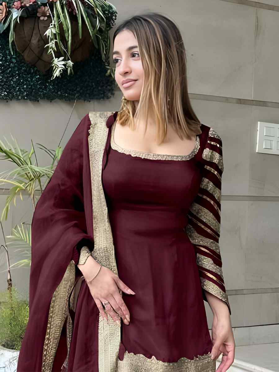 Maroon Georgette Embroidered Festival Casual Ready Sharara Pant Salwar Kameez