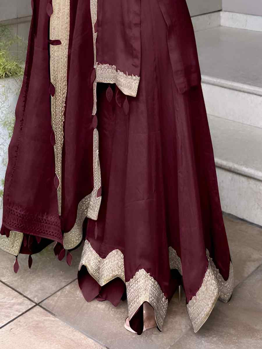 Maroon Georgette Embroidered Festival Casual Ready Sharara Pant Salwar Kameez