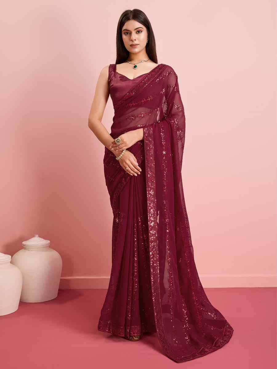 Maroon Georgette Embroidered Festival Party Classic Style Saree