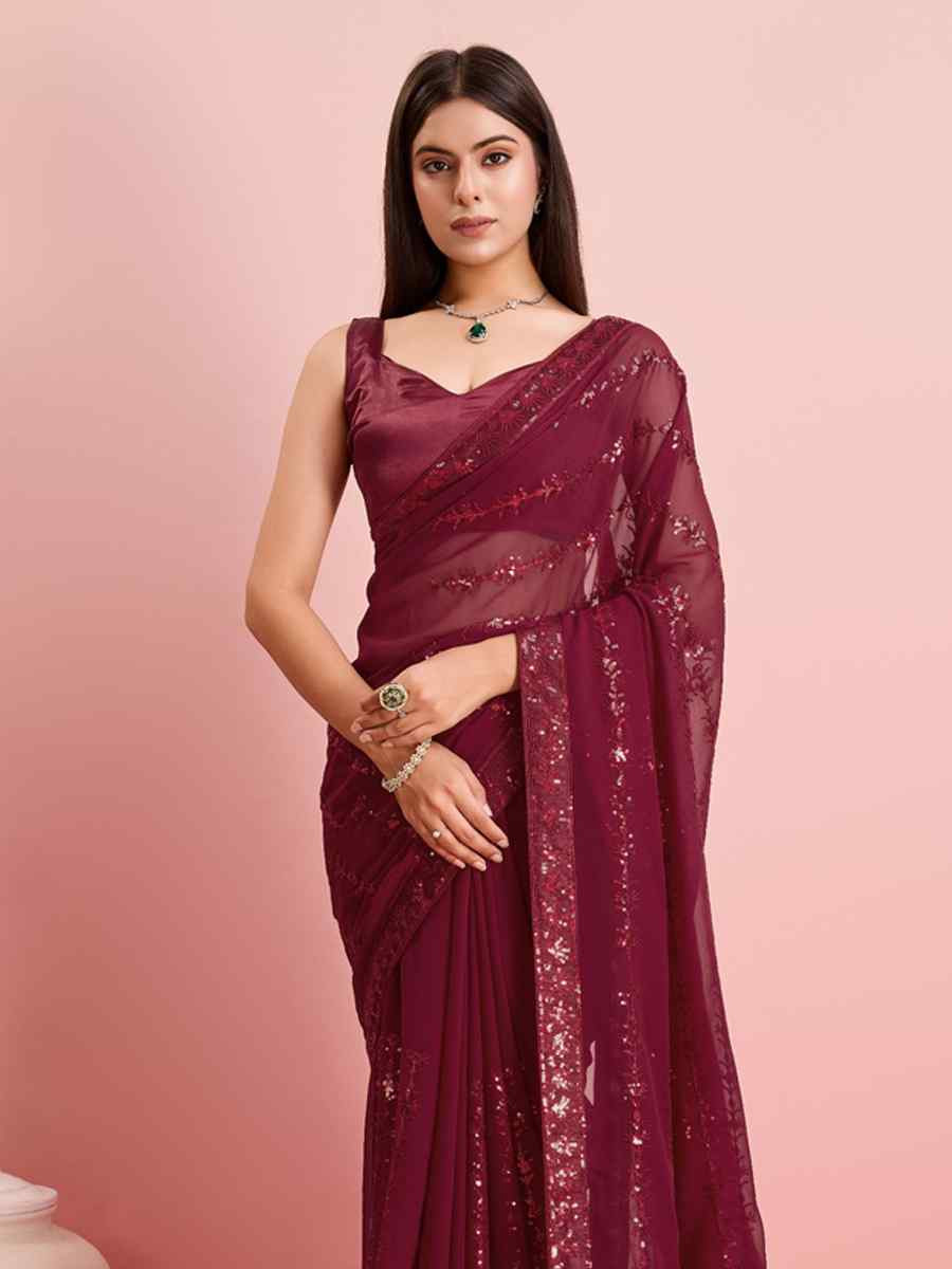 Maroon Georgette Embroidered Festival Party Classic Style Saree