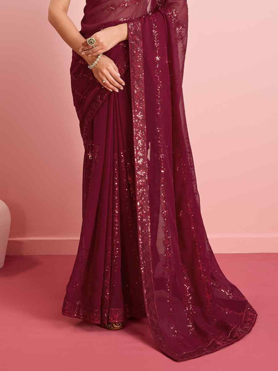 Maroon Georgette Embroidered Festival Party Classic Style Saree