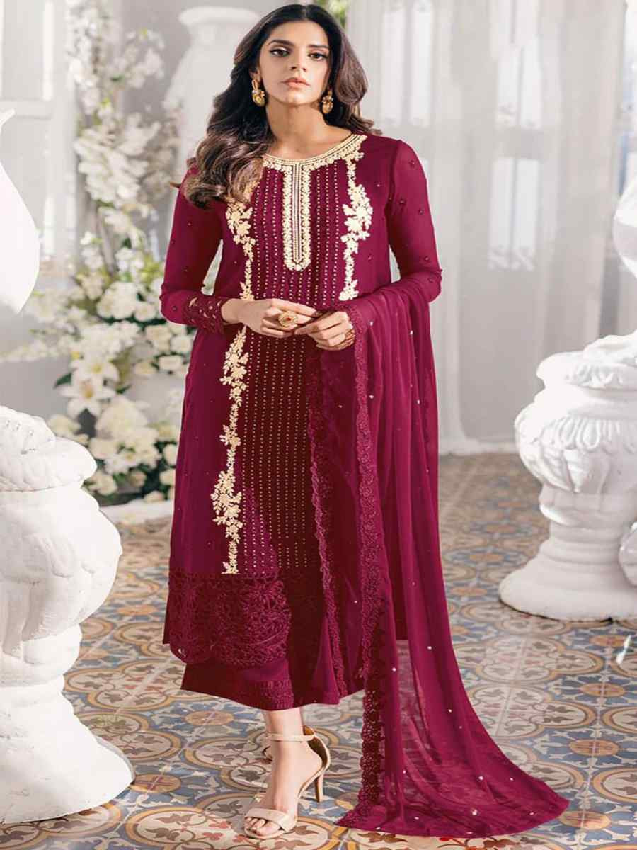 Maroon Georgette Embroidered Festival Wedding Pant Salwar Kameez