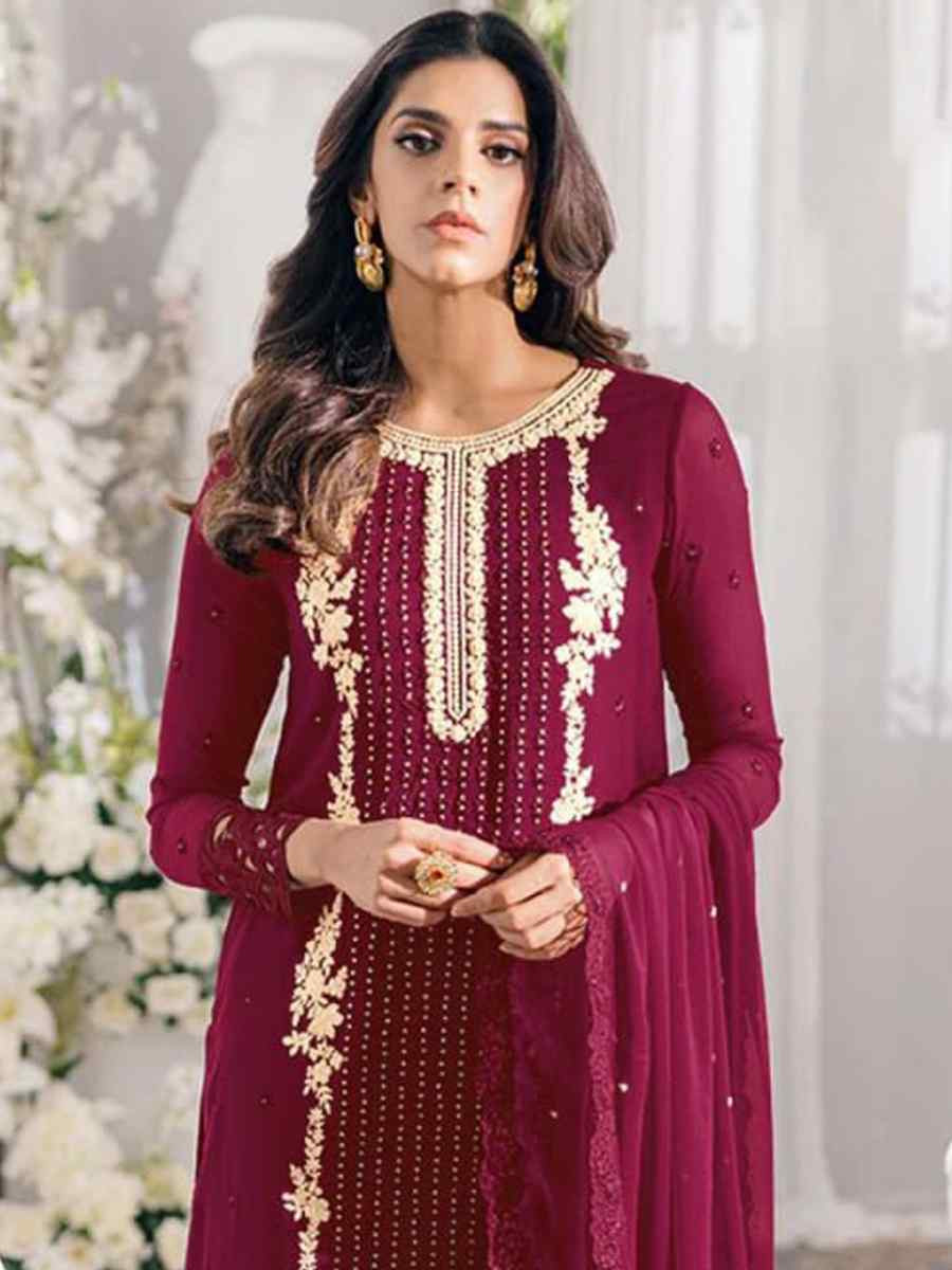 Maroon Georgette Embroidered Festival Wedding Pant Salwar Kameez