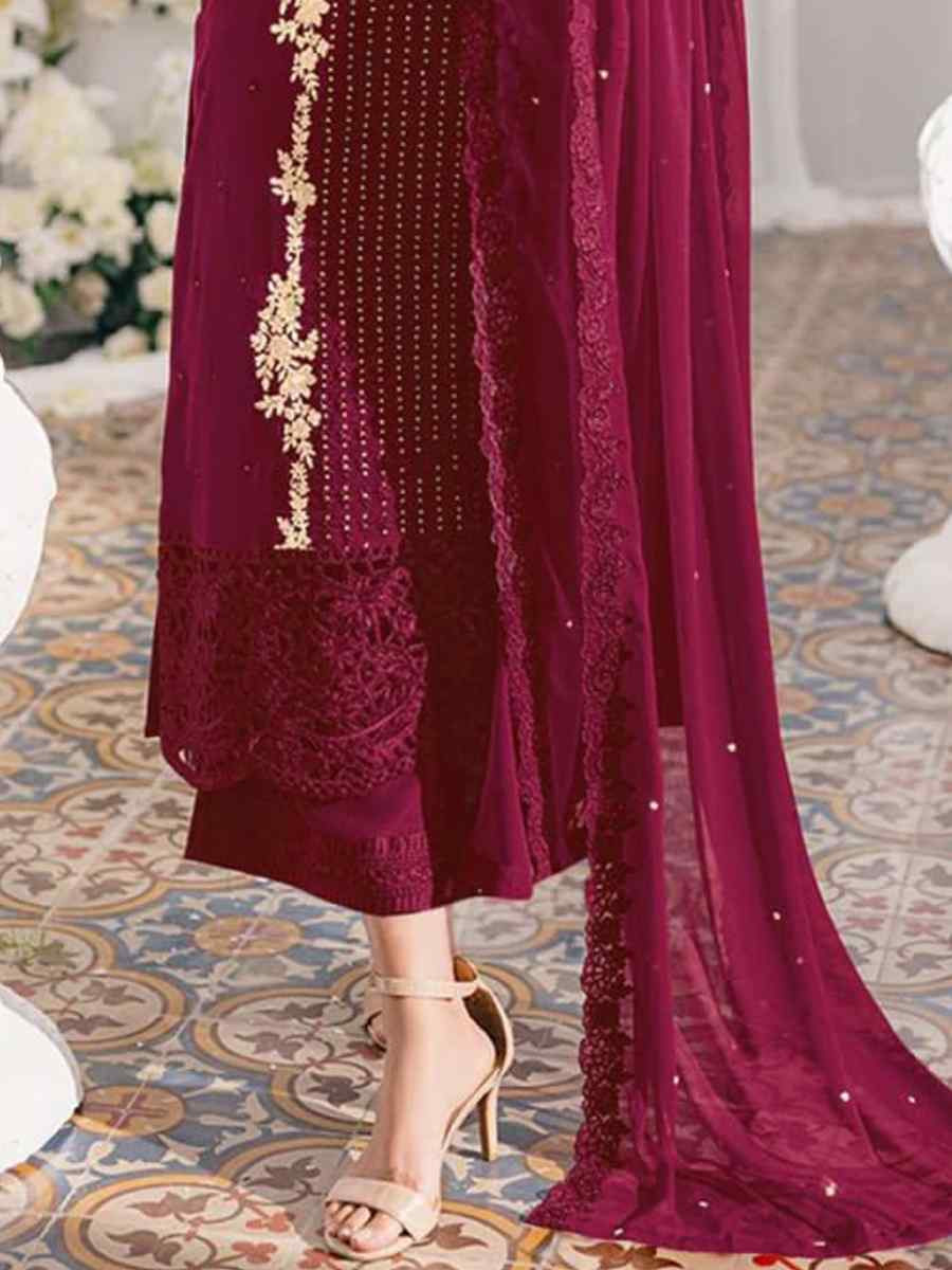 Maroon Georgette Embroidered Festival Wedding Pant Salwar Kameez