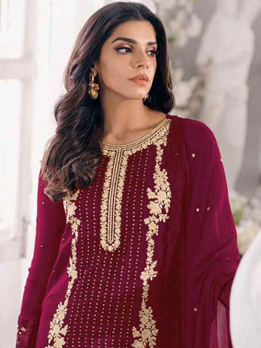 Maroon Georgette Embroidered Festival Wedding Pant Salwar Kameez