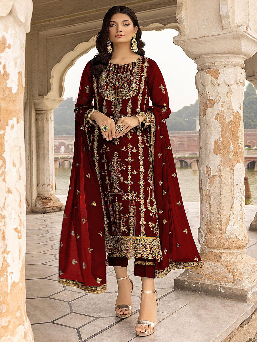 Maroon Georgette Embroidered Festival Wedding Pant Salwar Kameez