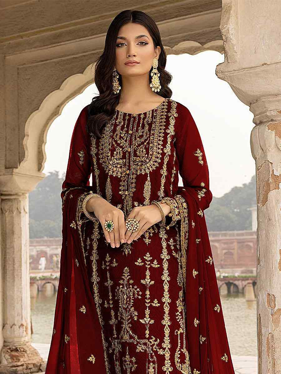 Maroon Georgette Embroidered Festival Wedding Pant Salwar Kameez