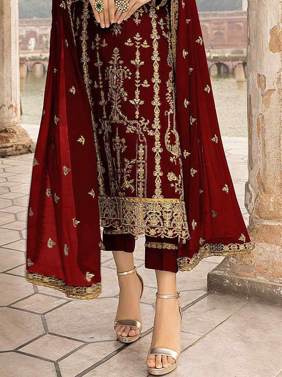 Maroon Georgette Embroidered Festival Wedding Pant Salwar Kameez