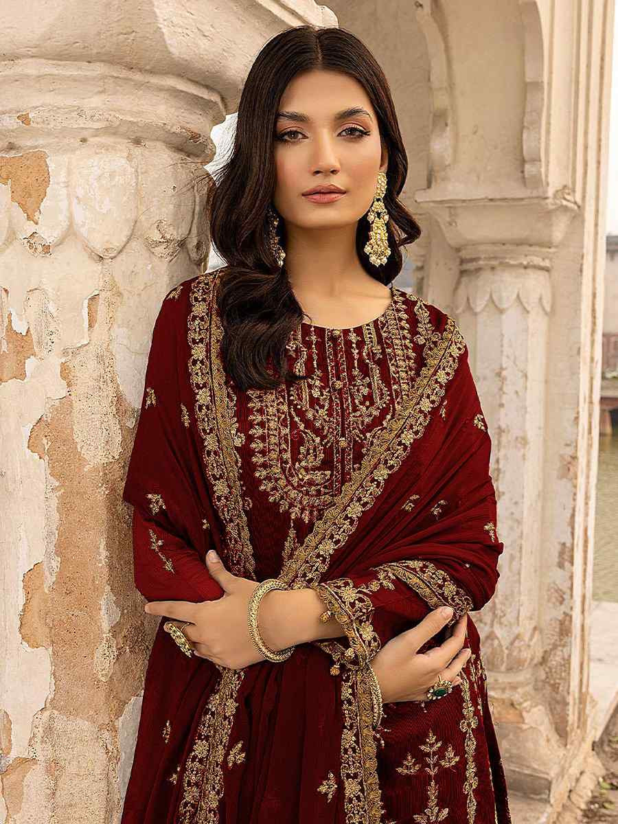 Maroon Georgette Embroidered Festival Wedding Pant Salwar Kameez