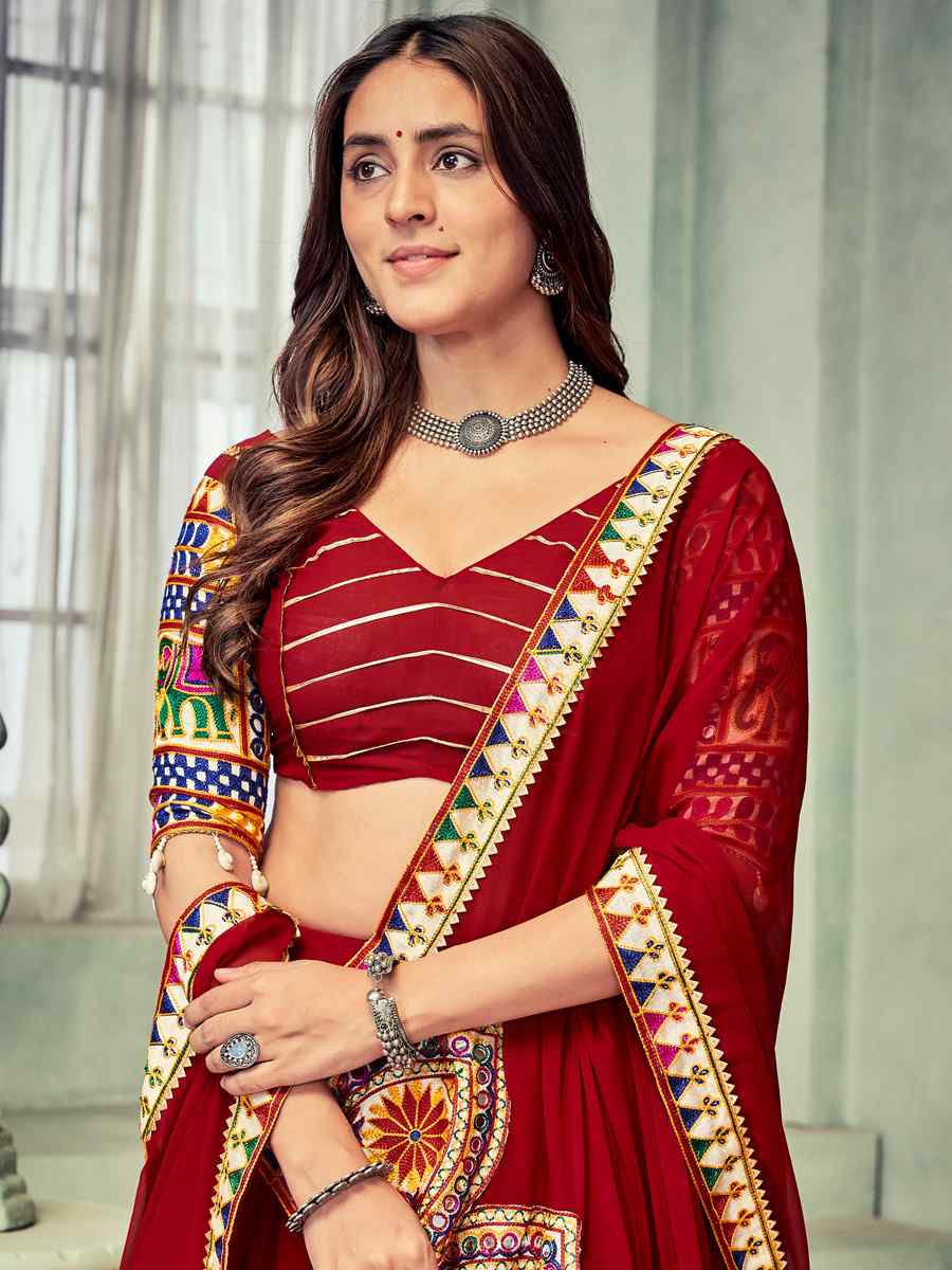 Maroon Georgette Embroidery Reception Festival Heavy Border Lehenga Choli