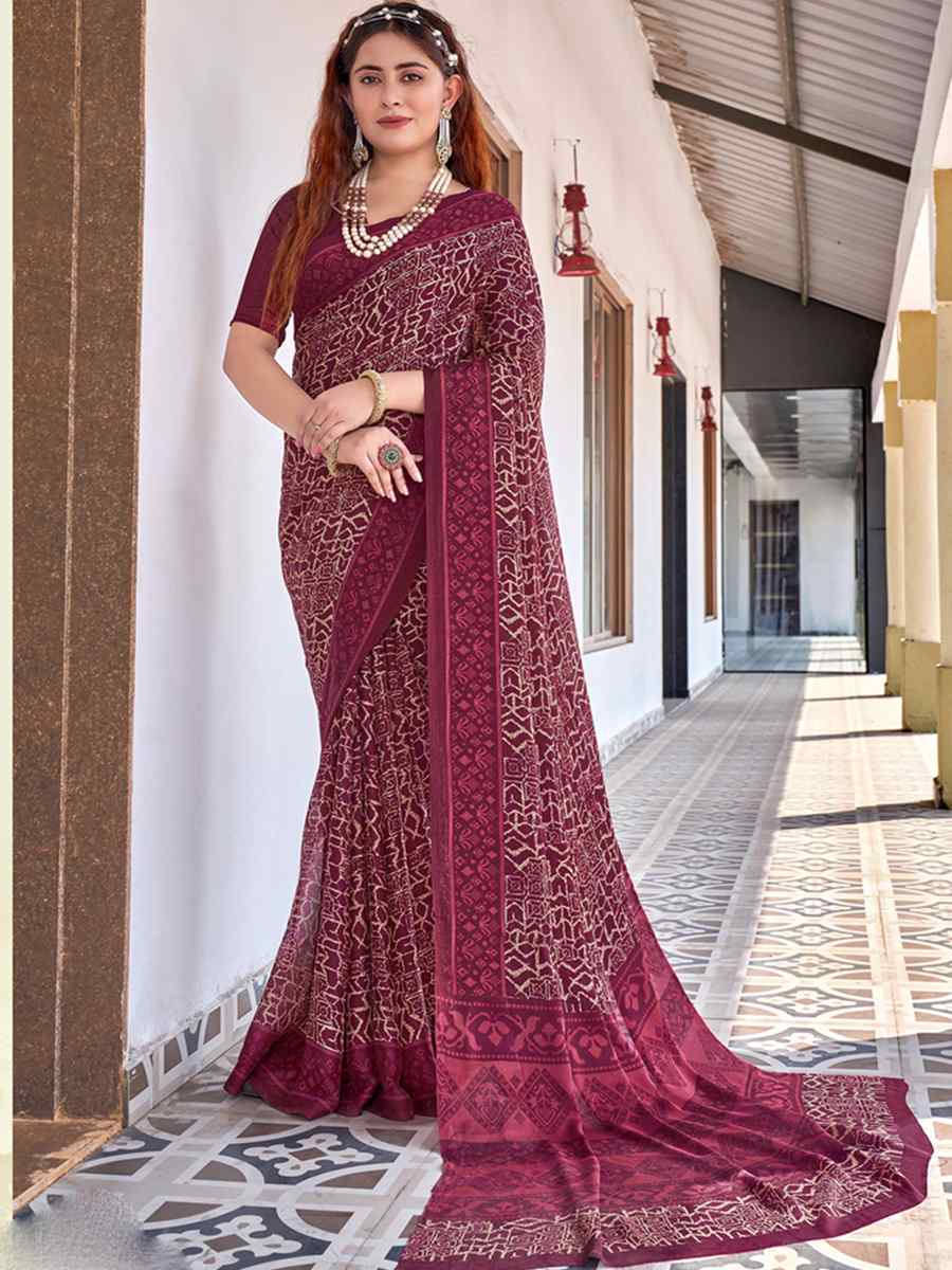 Maroon Georgette Printed Casual Festival Contemporary Saree