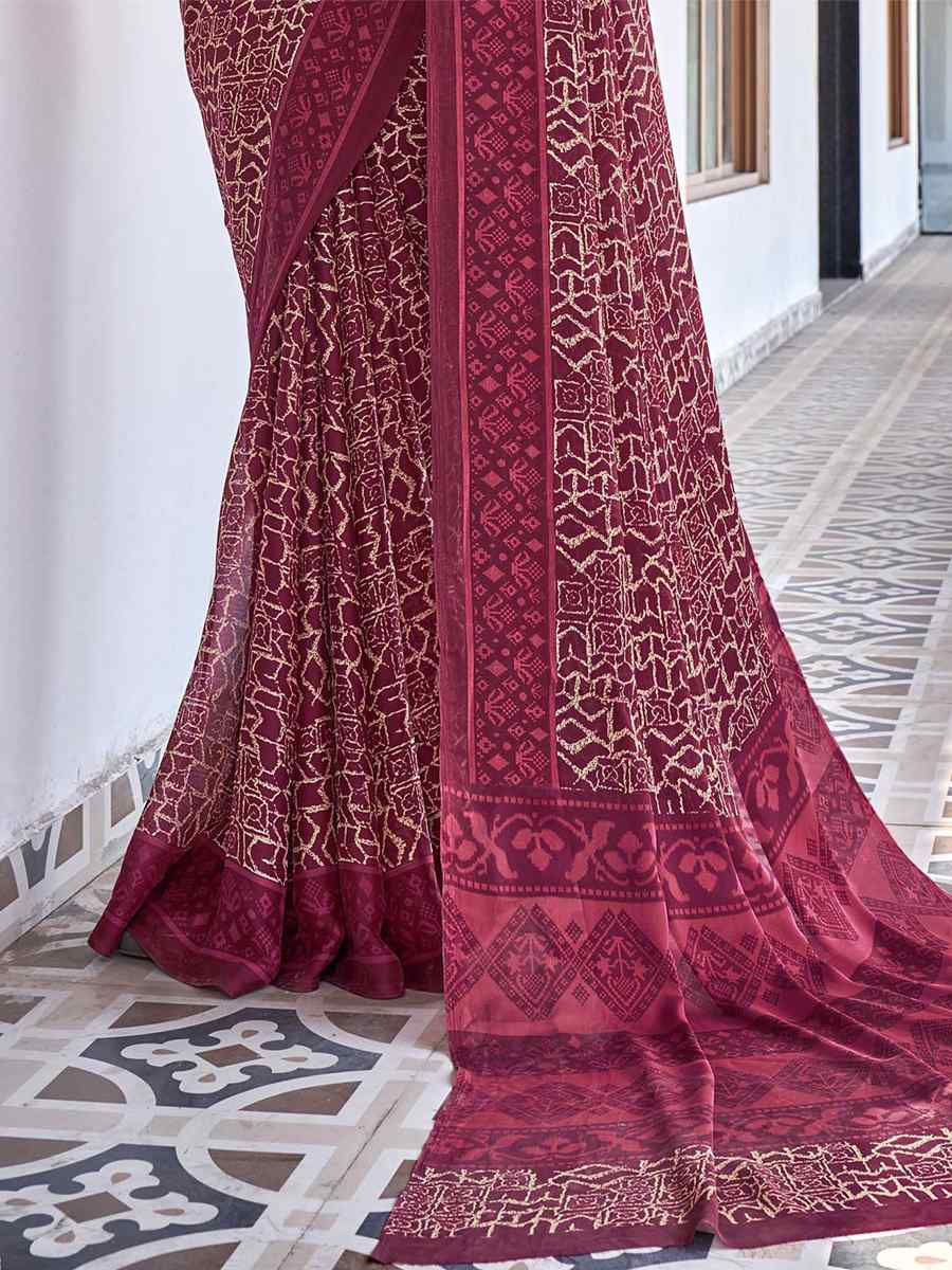 Maroon Georgette Printed Casual Festival Contemporary Saree