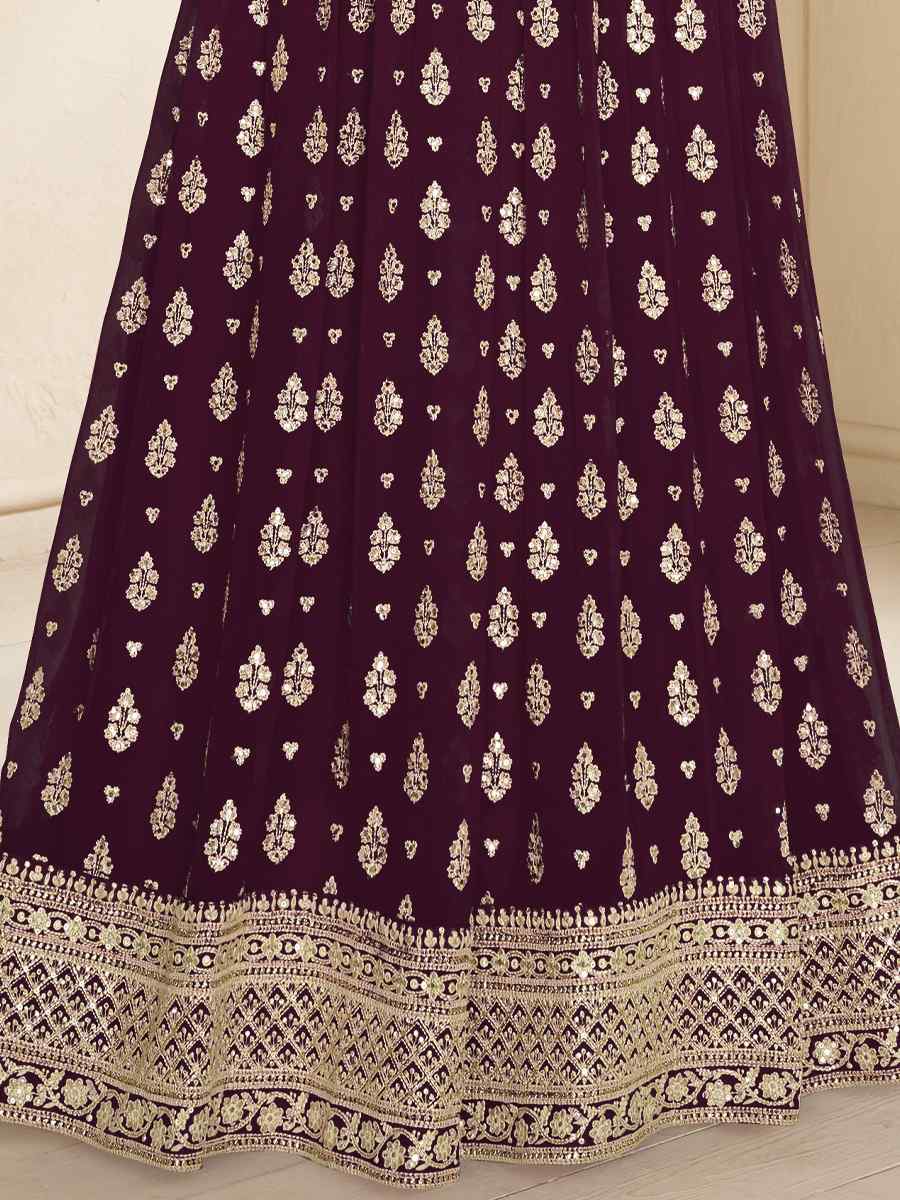 Maroon Heavy Blooming Georgette Embroidered Festival Mehendi Gown