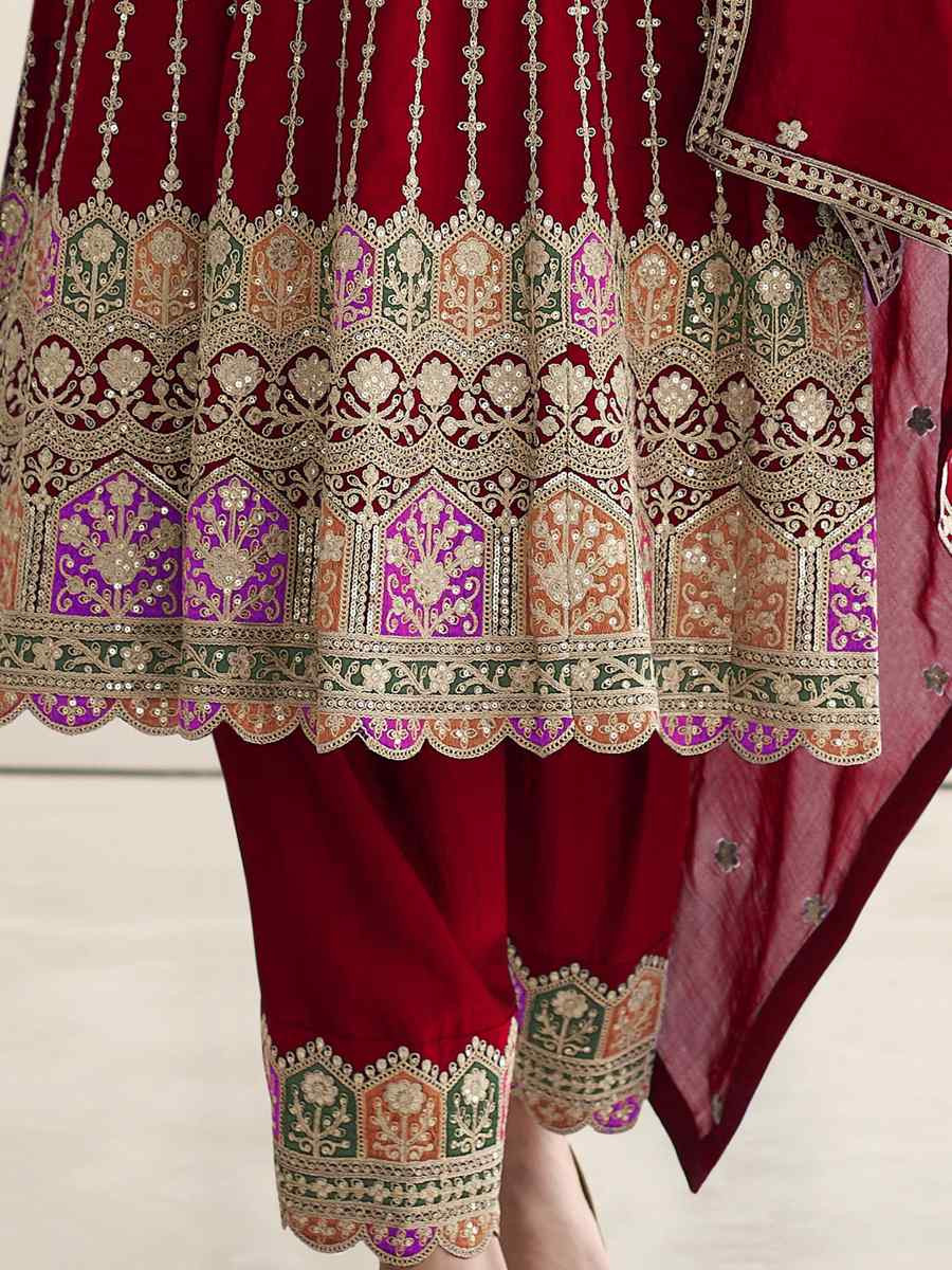 Maroon Heavy Chinon Embroidered Festival Mehendi Ready Patiala Salwar Kameez