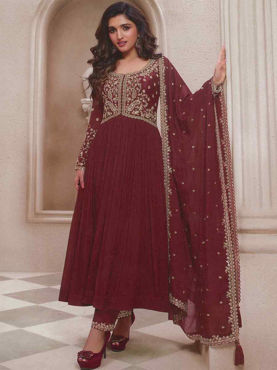 Maroon Heavy Chinon Embroidered Festival Wedding Anarkali Salwar Kameez