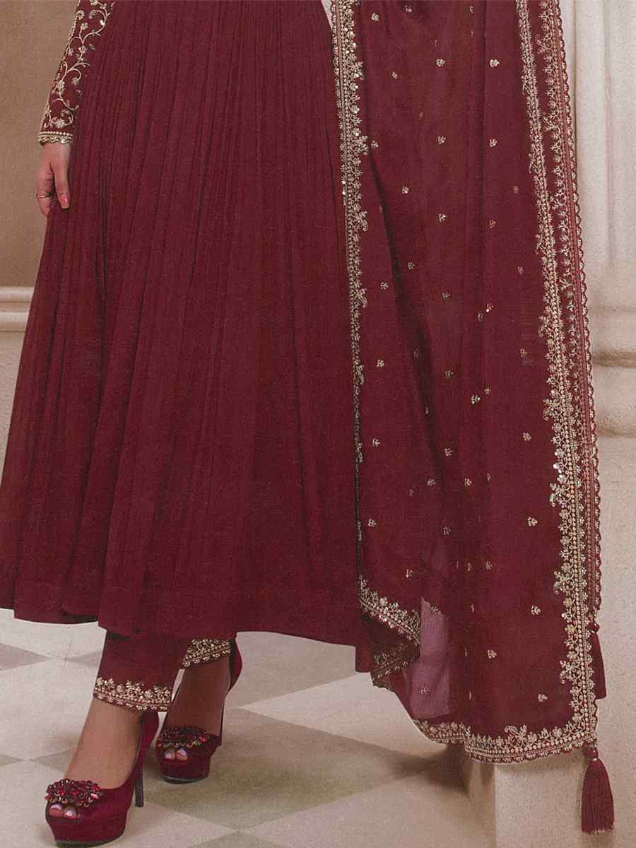 Maroon Heavy Chinon Embroidered Festival Wedding Anarkali Salwar Kameez