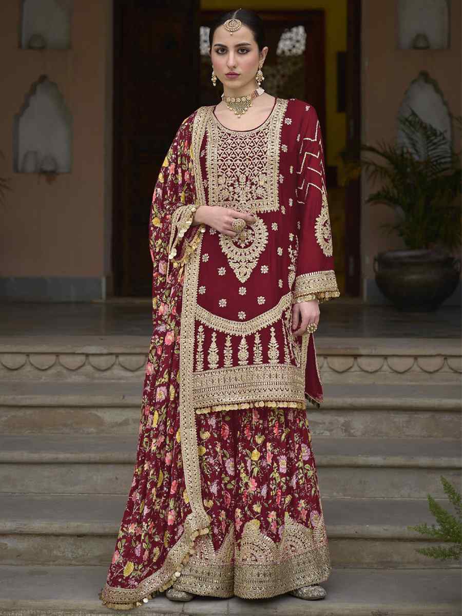 Maroon Heavy Chinon Embroidered Festival Wedding Palazzo Pant Salwar Kameez