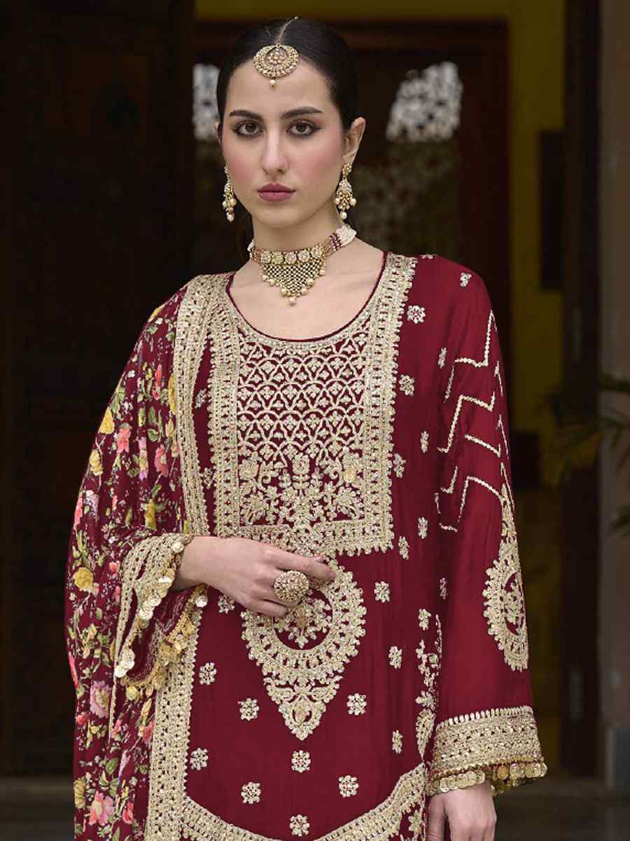 Maroon Heavy Chinon Embroidered Festival Wedding Palazzo Pant Salwar Kameez