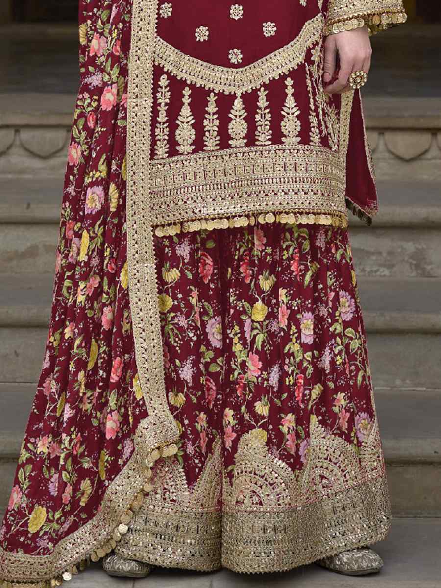 Maroon Heavy Chinon Embroidered Festival Wedding Palazzo Pant Salwar Kameez