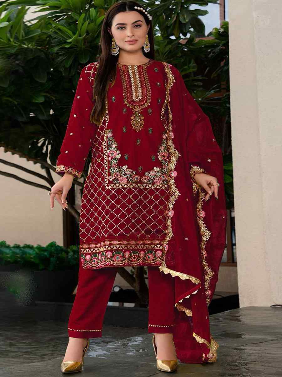 Maroon Heavy Faux Georgette Embroidered Festival Casual Pant Salwar Kameez