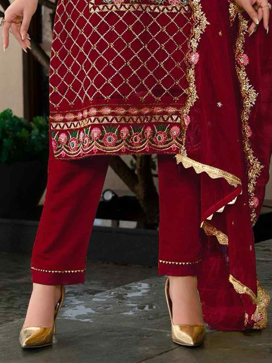 Maroon Heavy Faux Georgette Embroidered Festival Casual Pant Salwar Kameez