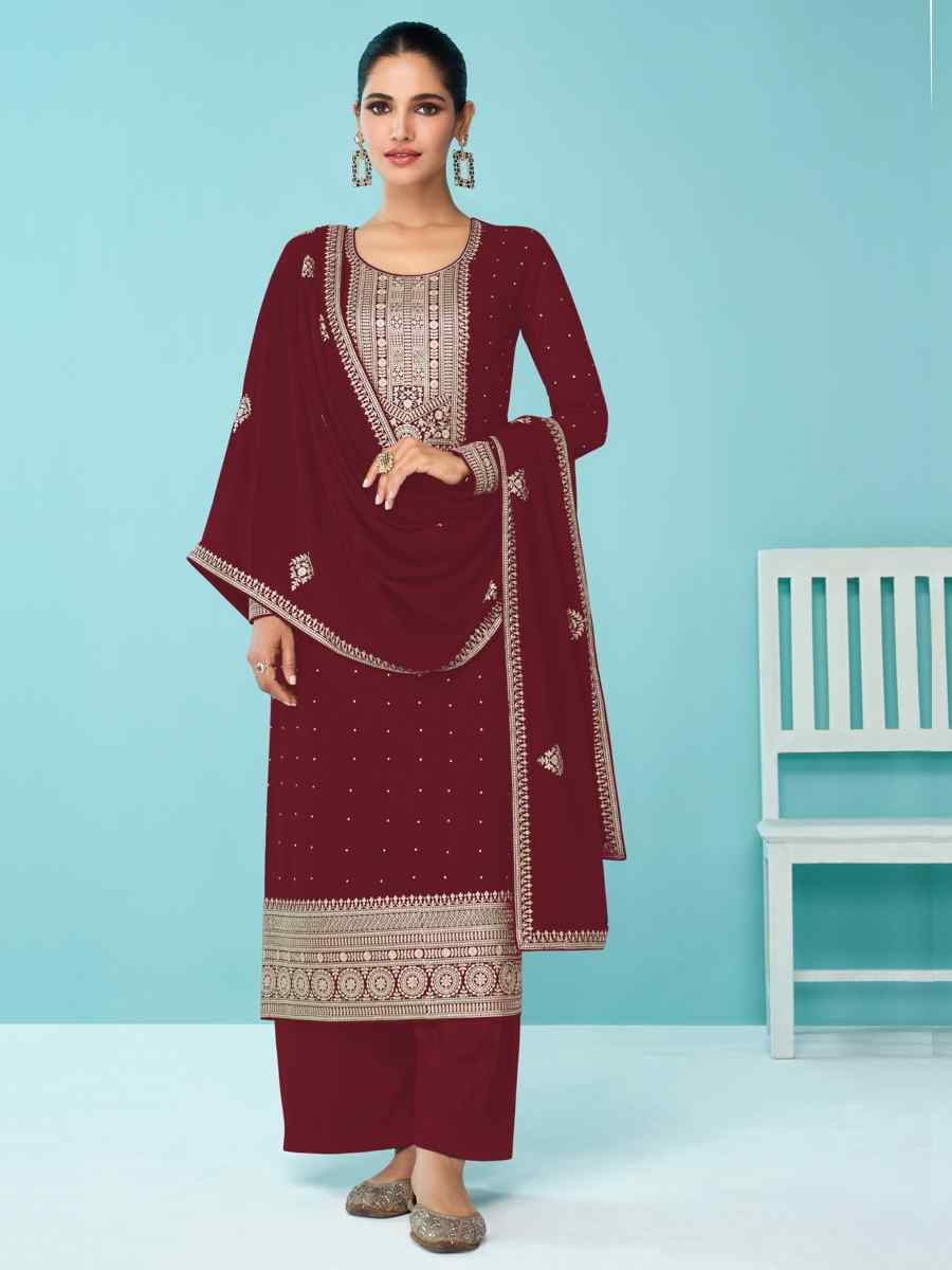 Maroon Heavy Faux Georgette Embroidered Festival Wedding Palazzo Pant Salwar Kameez