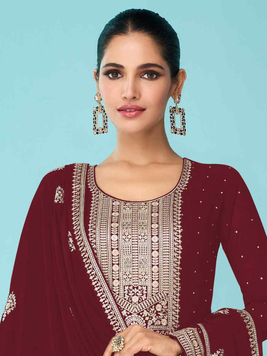 Maroon Heavy Faux Georgette Embroidered Festival Wedding Palazzo Pant Salwar Kameez