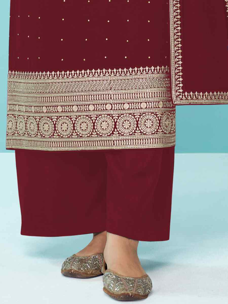 Maroon Heavy Faux Georgette Embroidered Festival Wedding Palazzo Pant Salwar Kameez