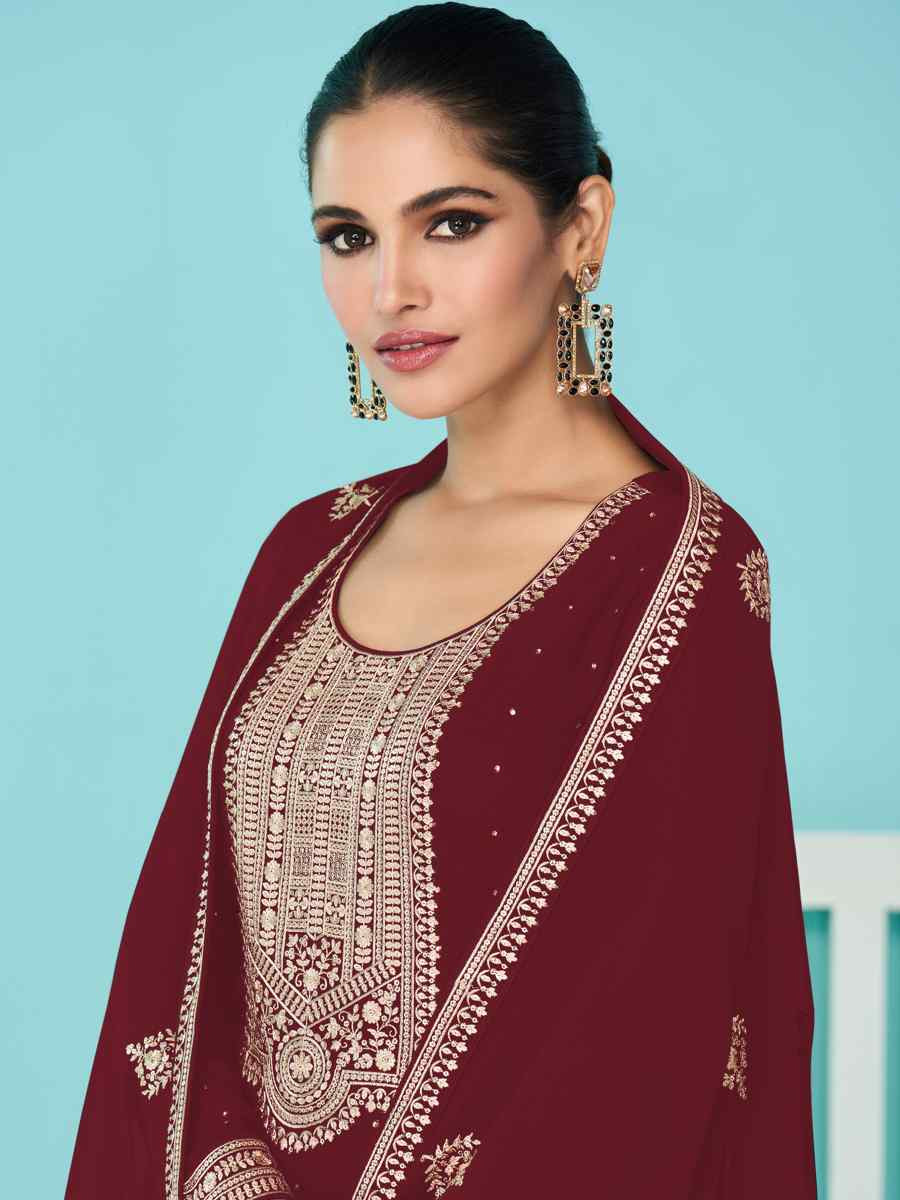 Maroon Heavy Faux Georgette Embroidered Festival Wedding Palazzo Pant Salwar Kameez