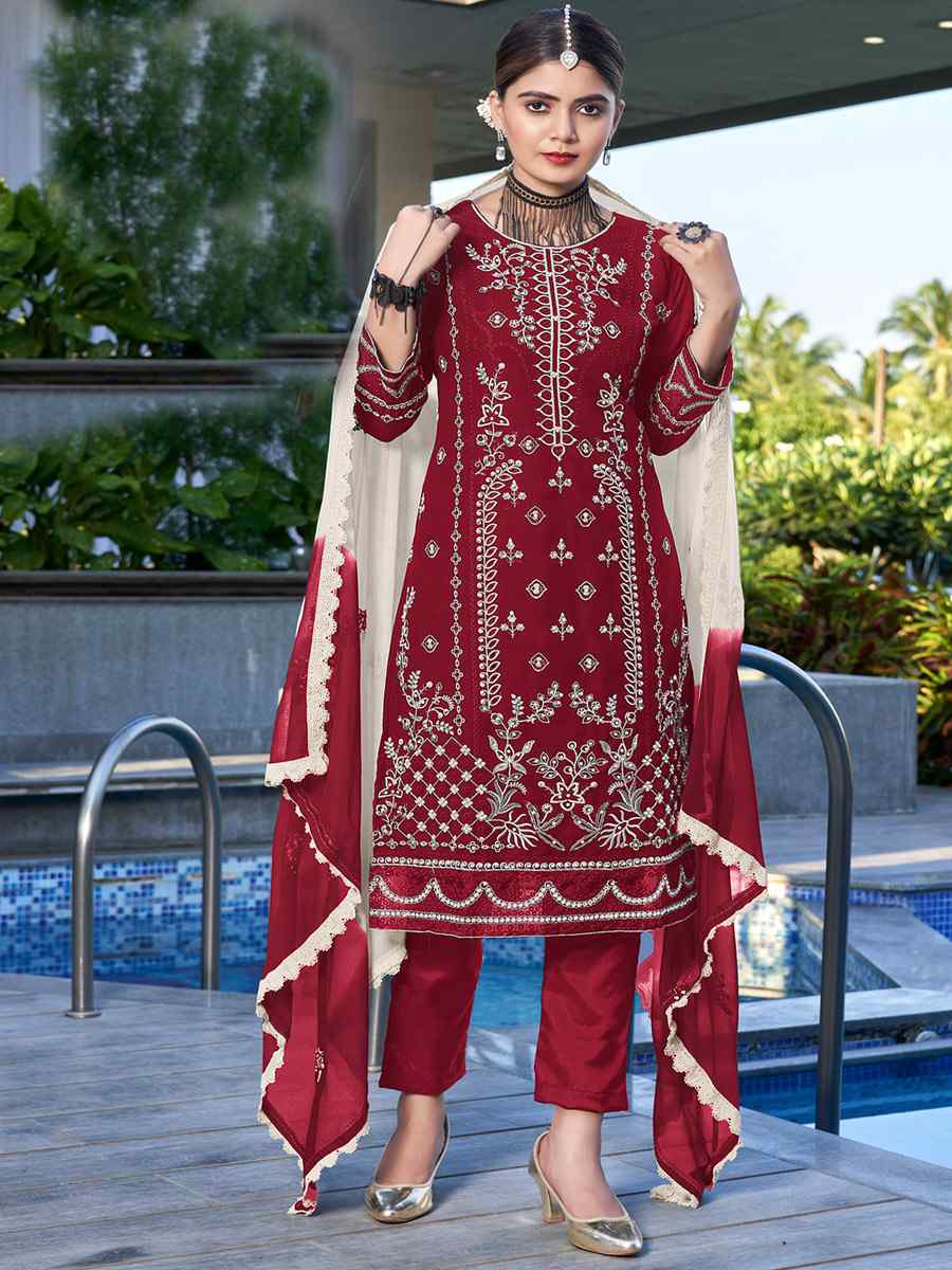 Maroon Heavy Georgette Embroidered Festival Casual Pant Salwar Kameez