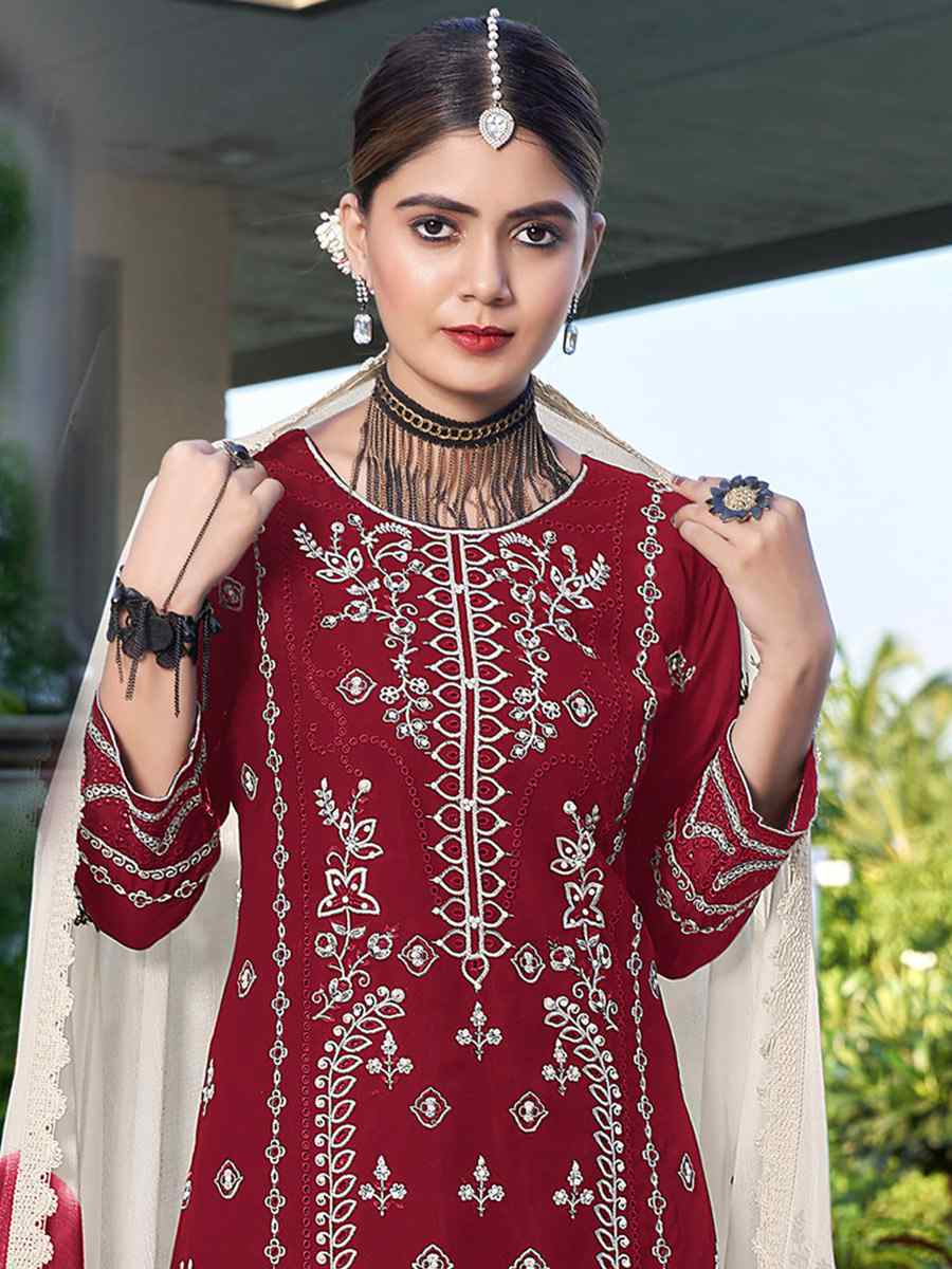 Maroon Heavy Georgette Embroidered Festival Casual Pant Salwar Kameez