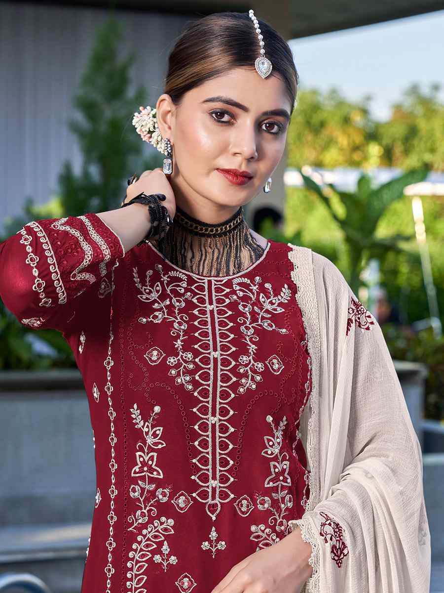 Maroon Heavy Georgette Embroidered Festival Casual Pant Salwar Kameez