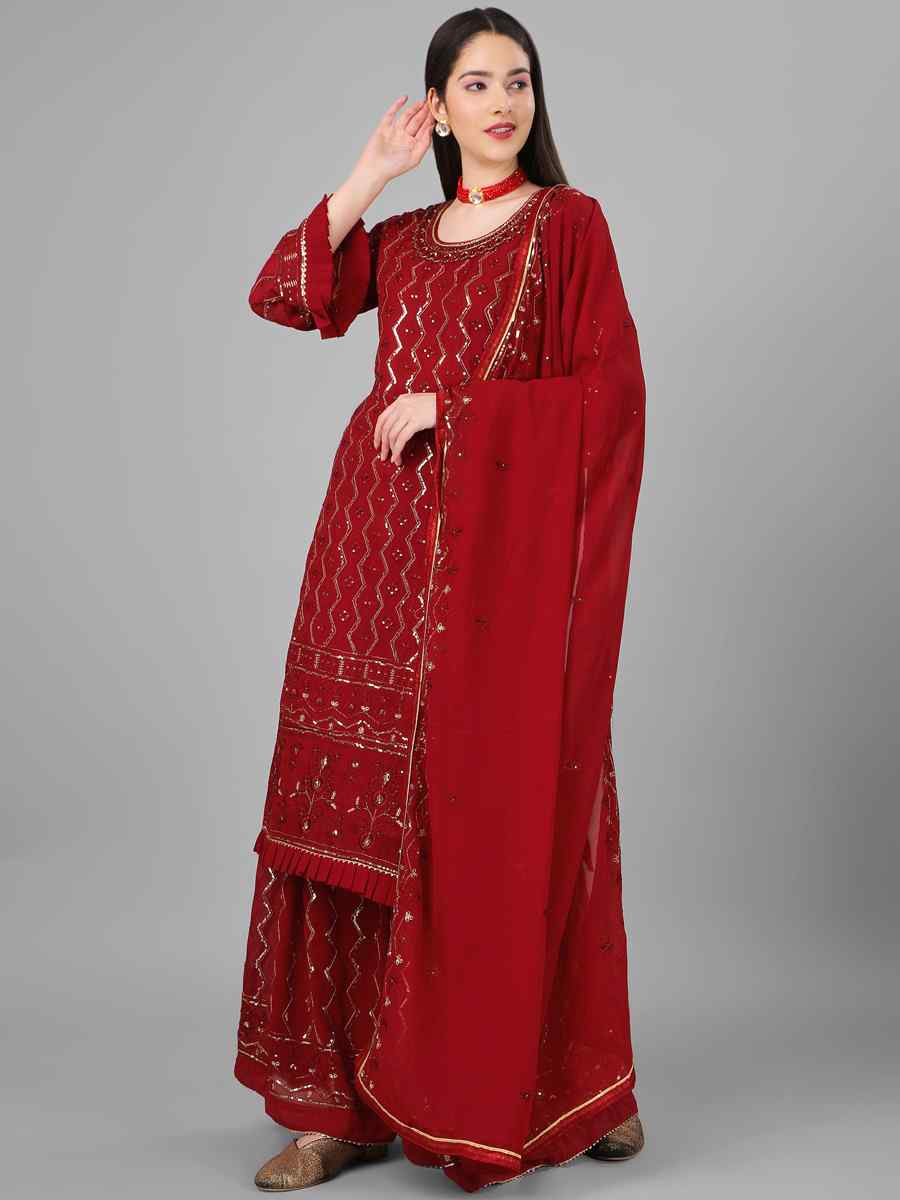 Maroon Heavy Georgette Embroidered Festival Wedding Palazzo Pant Salwar Kameez